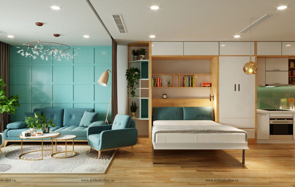 Phòng khách được thiết kế với gam màu xanh lam đẹp mắt