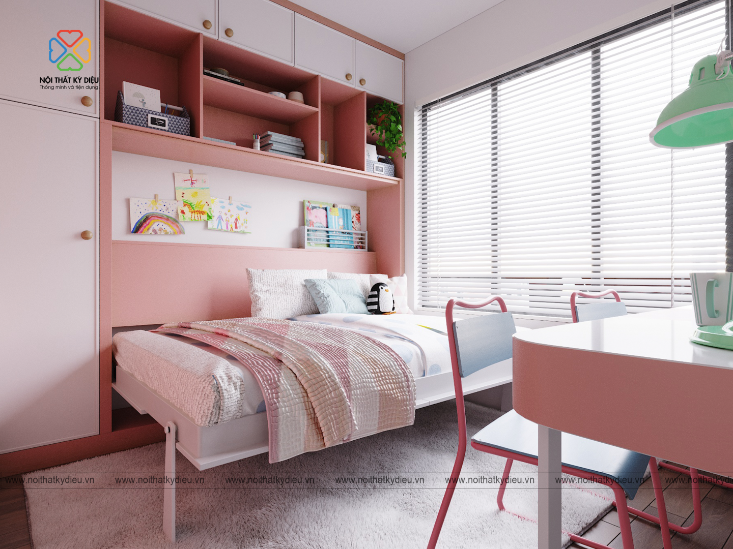 giường thông minh kết hợp tủ cho bé gái màu hồng